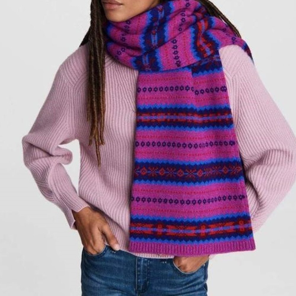 NEW Rag & Bone 100% Merino Wool Fair Isle Purple Blue Warm Knit Scarf